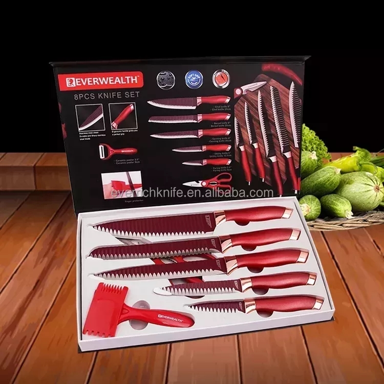 Topest privlačna vroča prodaja 8 kosov kuhinjski nož Set rdeče barve z darilno škatlo 