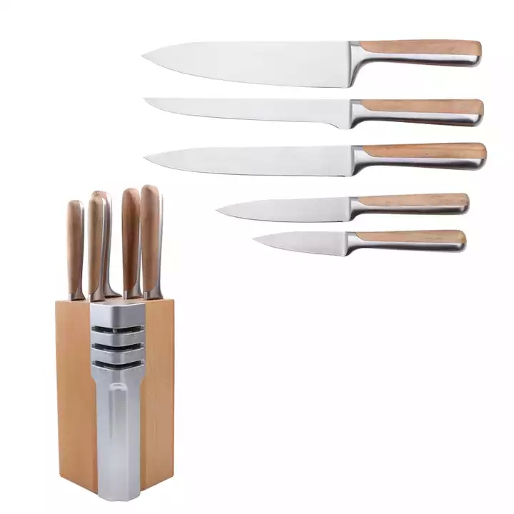 Komplet kuhinjskih nožev iz nerjavečega jekla v bukovem lesu + 430 ročajev z leseno podlago za shranjevanje nožev 